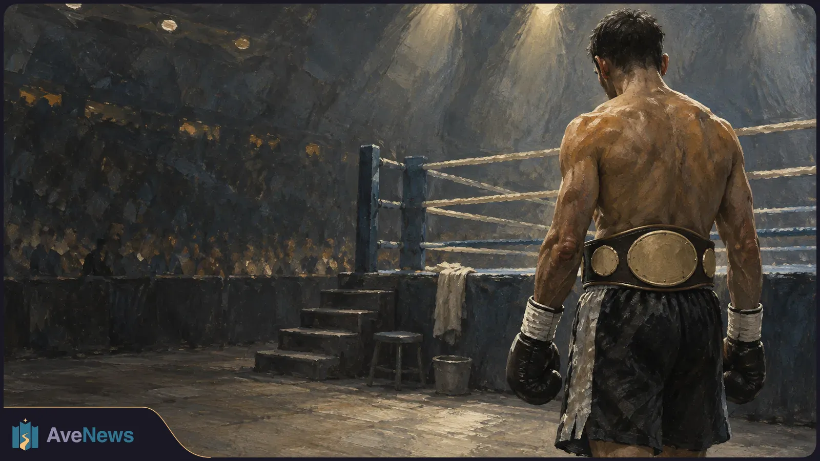 Painterly illustration of a boxer seen from behind wearing gloves and a blank championship belt beside a boxing ring, with a dim crowd and overhead lights. SI illustration