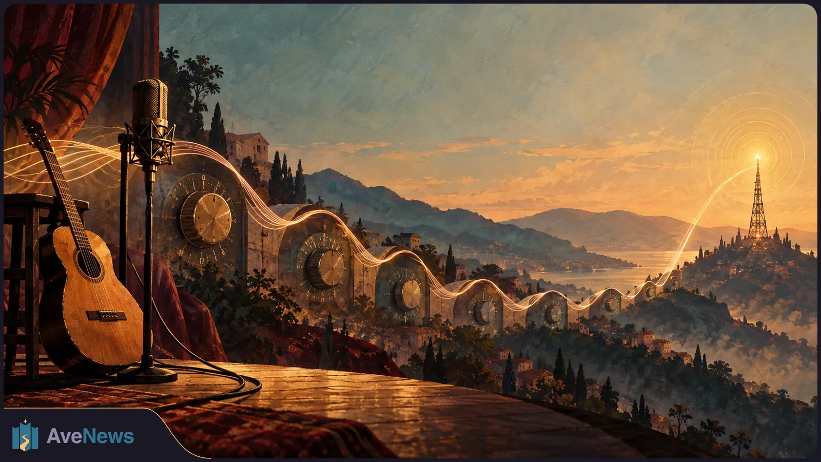 A guitar and studio microphone overlook a sunset landscape; a glowing line winds past clock faces toward a radio tower. SI illustration