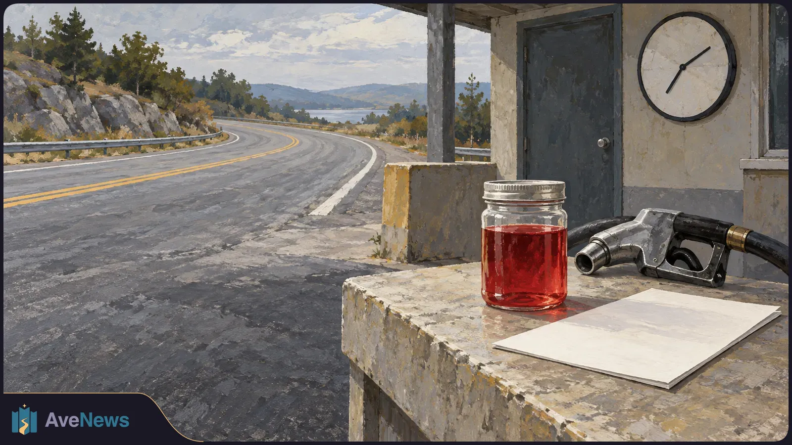 A jar of red liquid, a fuel nozzle and a blank sheet sit on a roadside counter beneath a wall clock. A winding road stretches into the hills. SI illustration