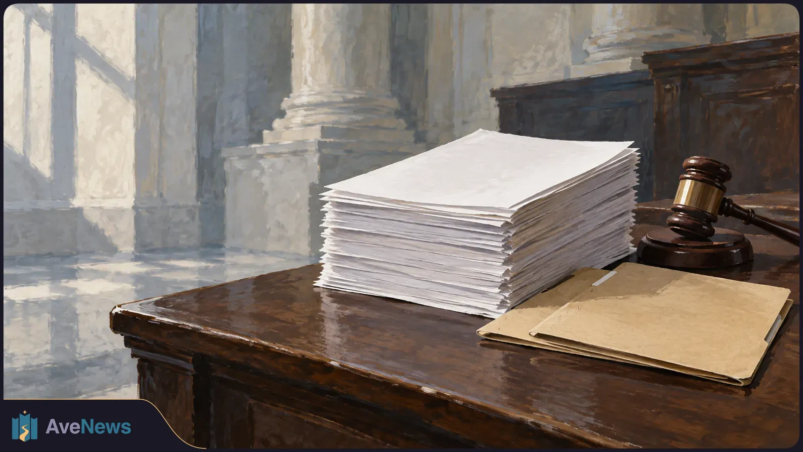 Painterly illustration of a thick stack of blank papers, two tan folders and a judge’s gavel on a wooden desk, with columns in the background. SI illustration