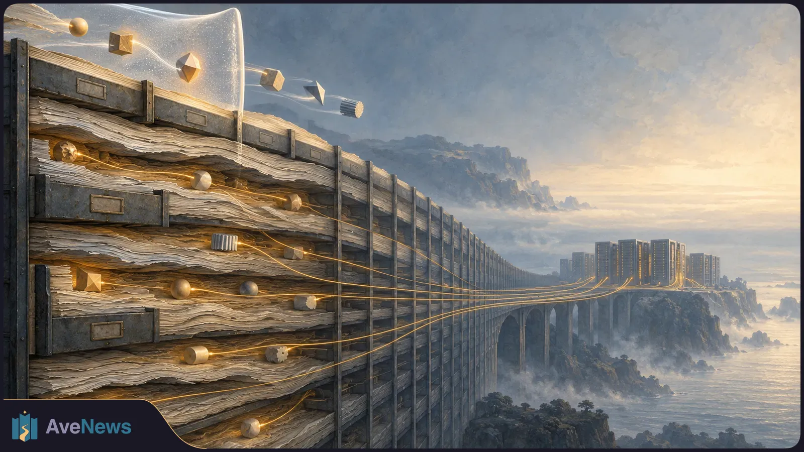 A wall of layered, metal-bound sheets stretches toward distant server racks. Glowing lines and small geometric shapes pass through it beneath a translucent screen. SI illustration