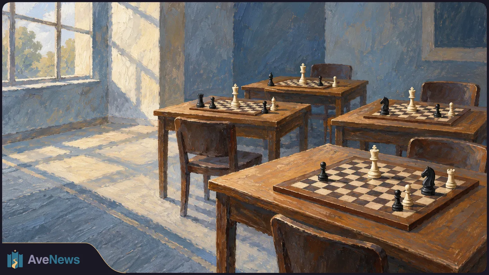 Painting of four chessboards with black and white pieces on wooden desks in an empty room lit by a large window. SI illustration