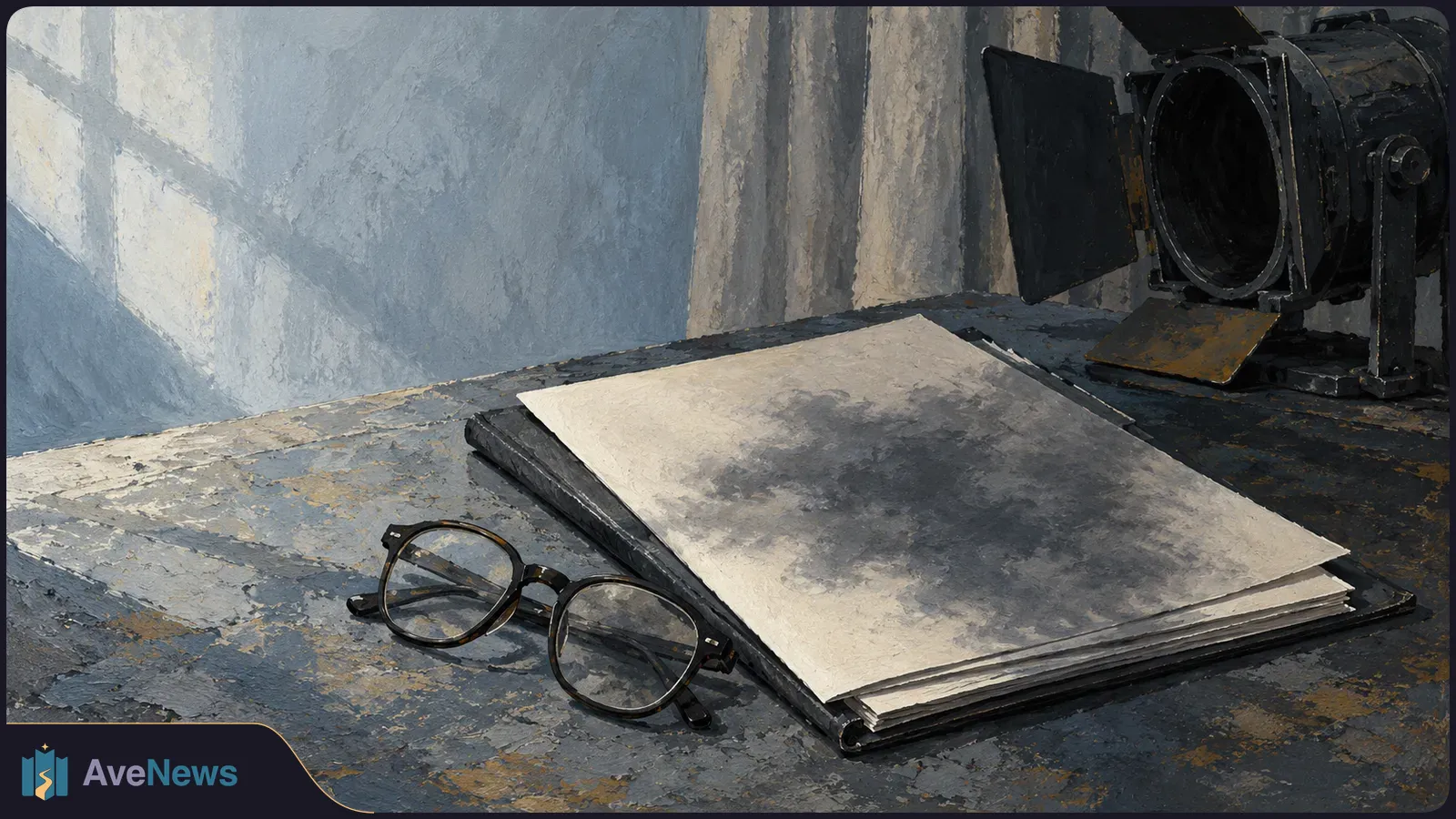 Illustration of eyeglasses beside a stack of blank papers on a dark tabletop, with a stage spotlight at right and window-shaped light on the wall. SI illustration
