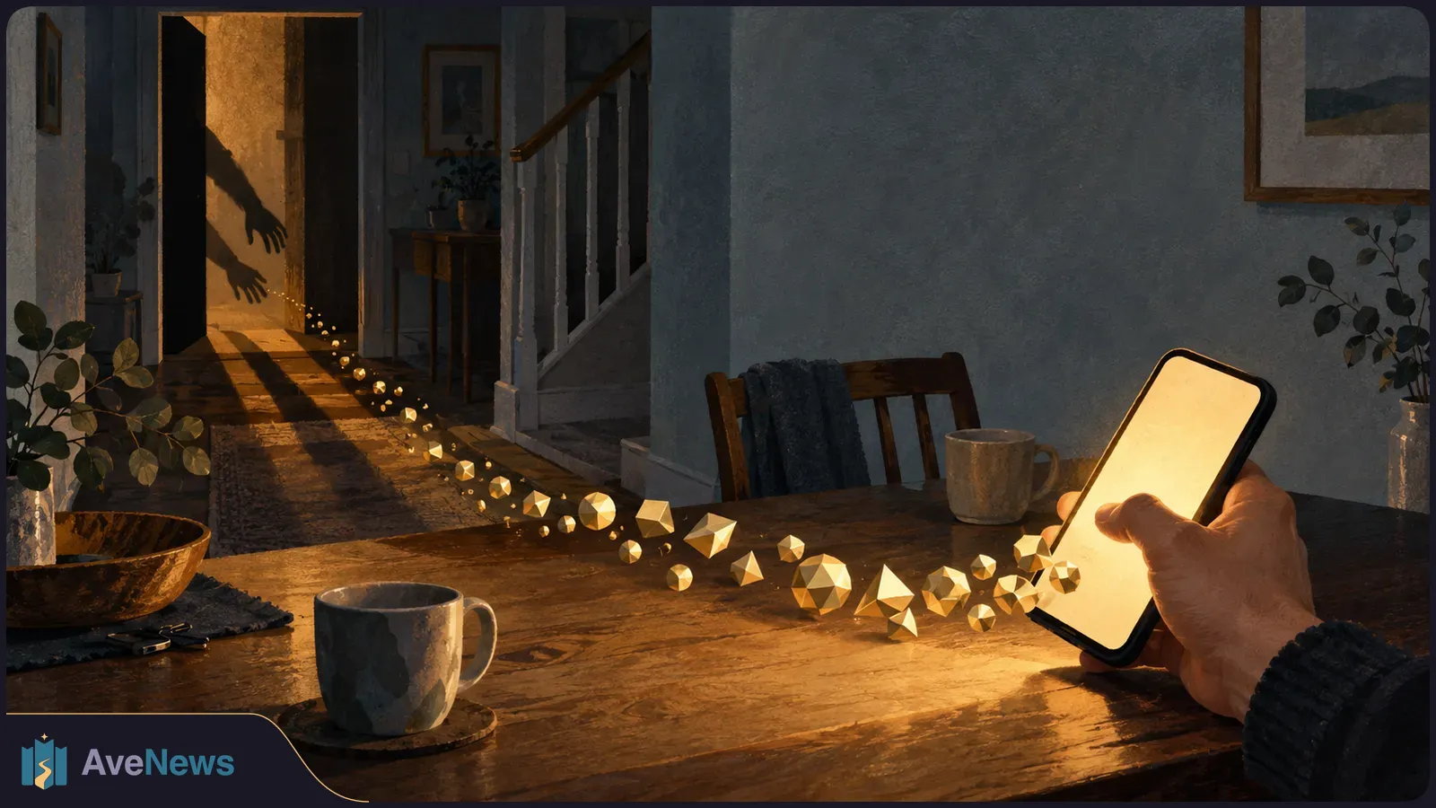 In a dim home, a hand holds a glowing, blank phone. Golden faceted shapes trail toward an open doorway, where the shadows of two reaching arms appear. SI illustration