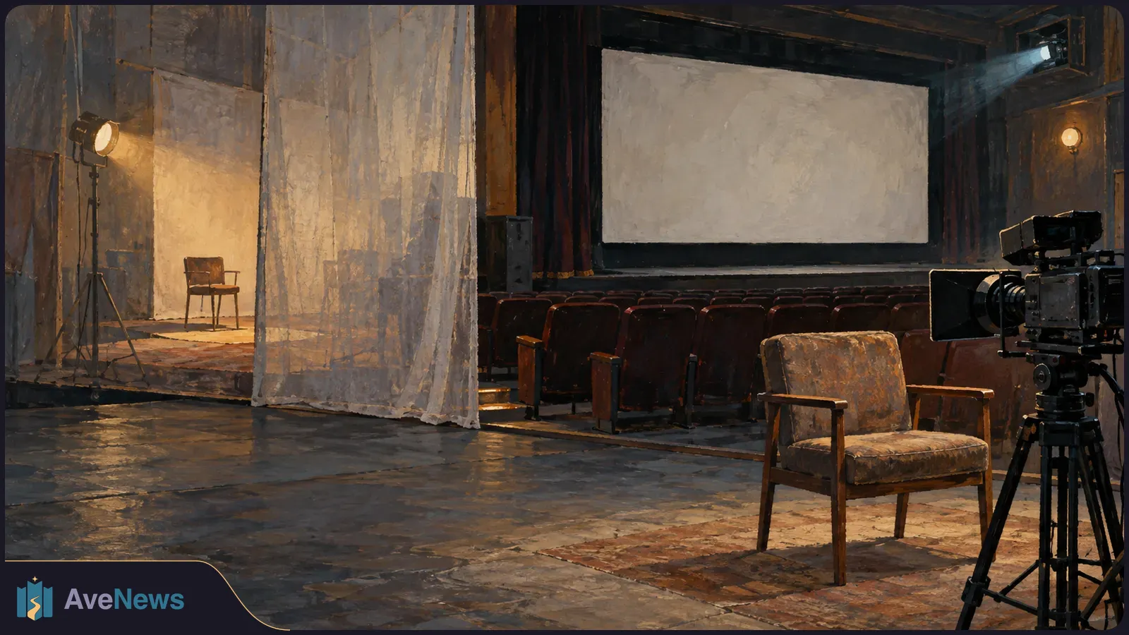 Painted cinema interior with a blank screen, rows of seats, a camera on a tripod, and two empty chairs lit by studio lights. SI illustration