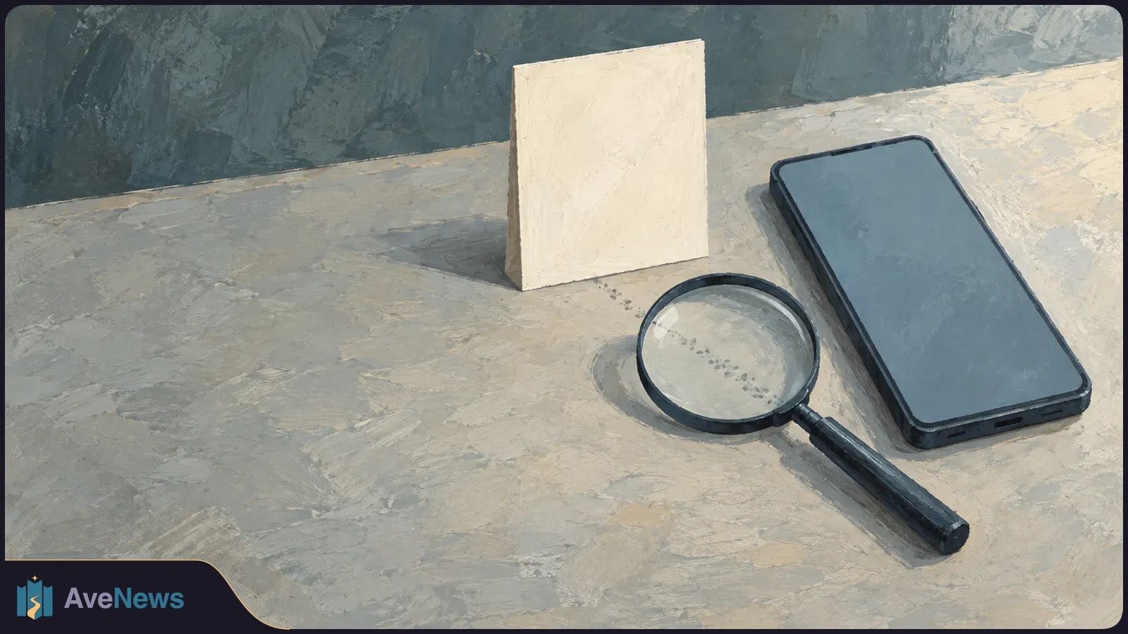A painted scene of a blank-screen phone beside a magnifying glass over a faint dotted trail, with an upright blank card behind them. SI illustration