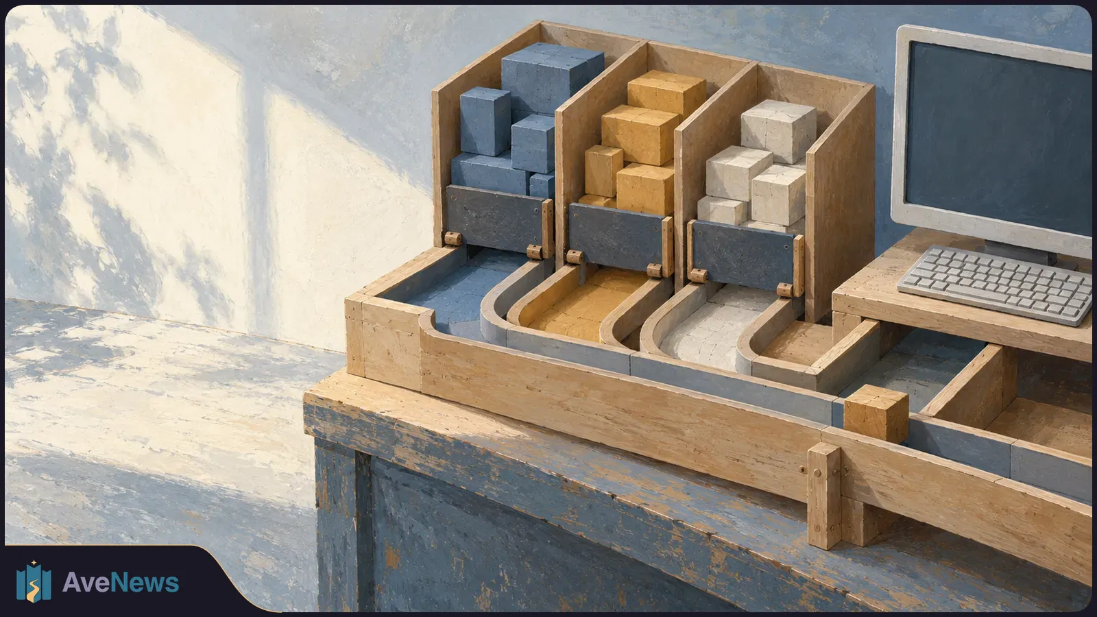 Painted wooden sorting mechanism with blue, yellow and white blocks in three bins and curved chutes, beside a computer with a blank screen. SI illustration