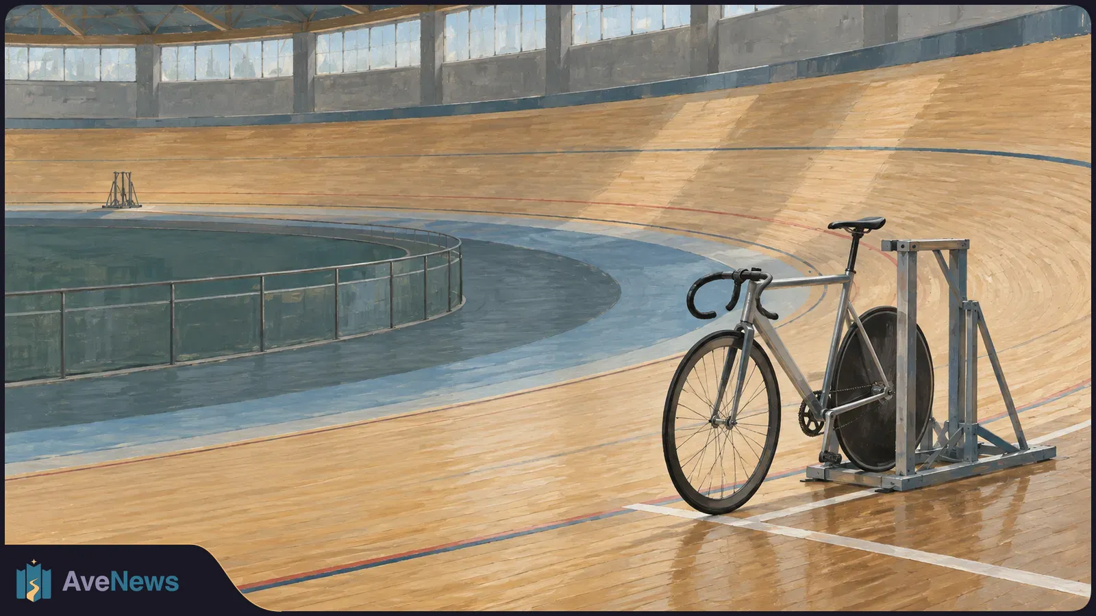 A silver track bicycle rests in a metal stand beside the banked wooden track of an empty indoor velodrome. SI illustration