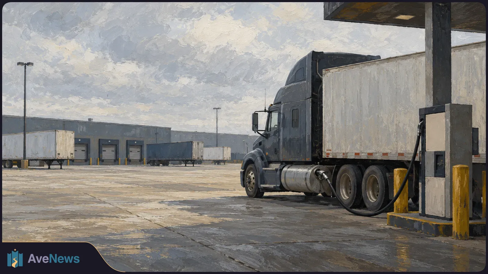 A dark semi-truck with a white trailer refuels at a pump outside a loading warehouse under a cloudy sky. SI illustration