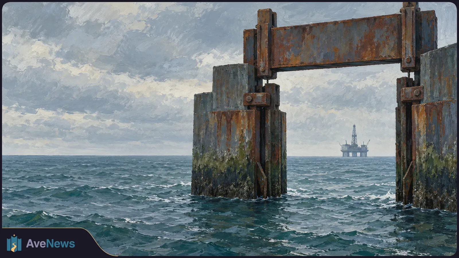 Painted seascape with waves around rusted metal pilings and a beam; an offshore platform stands on the distant horizon beneath a cloudy sky. SI illustration