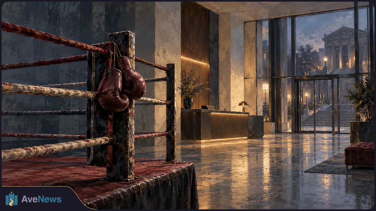 Worn boxing gloves hang from a ring post in a polished lobby. Beyond the glass doors, steps lead to a columned building at dusk. SI illustration