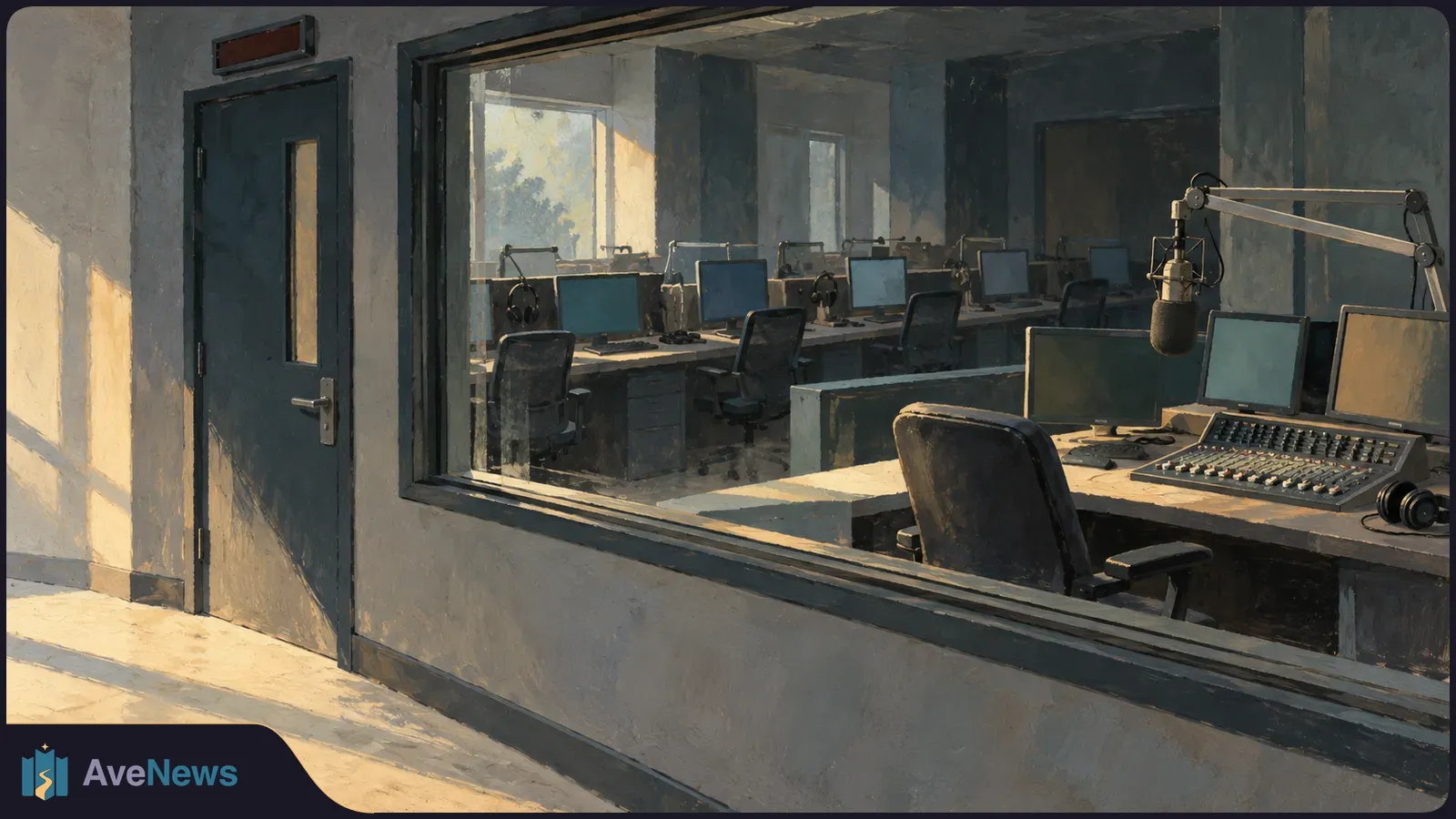 A painted view through a glass wall into an empty broadcast control room with microphones, headphones, a mixing board and rows of blank monitors. SI illustration