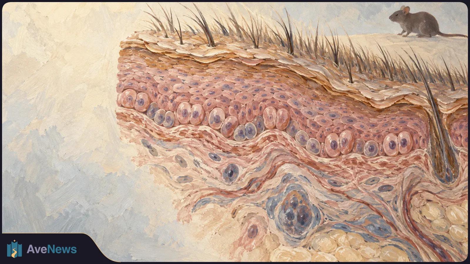 Painted cross-section of layered skin, with rows of cells and hair follicles beneath a small mouse standing on the surface. SI illustration
