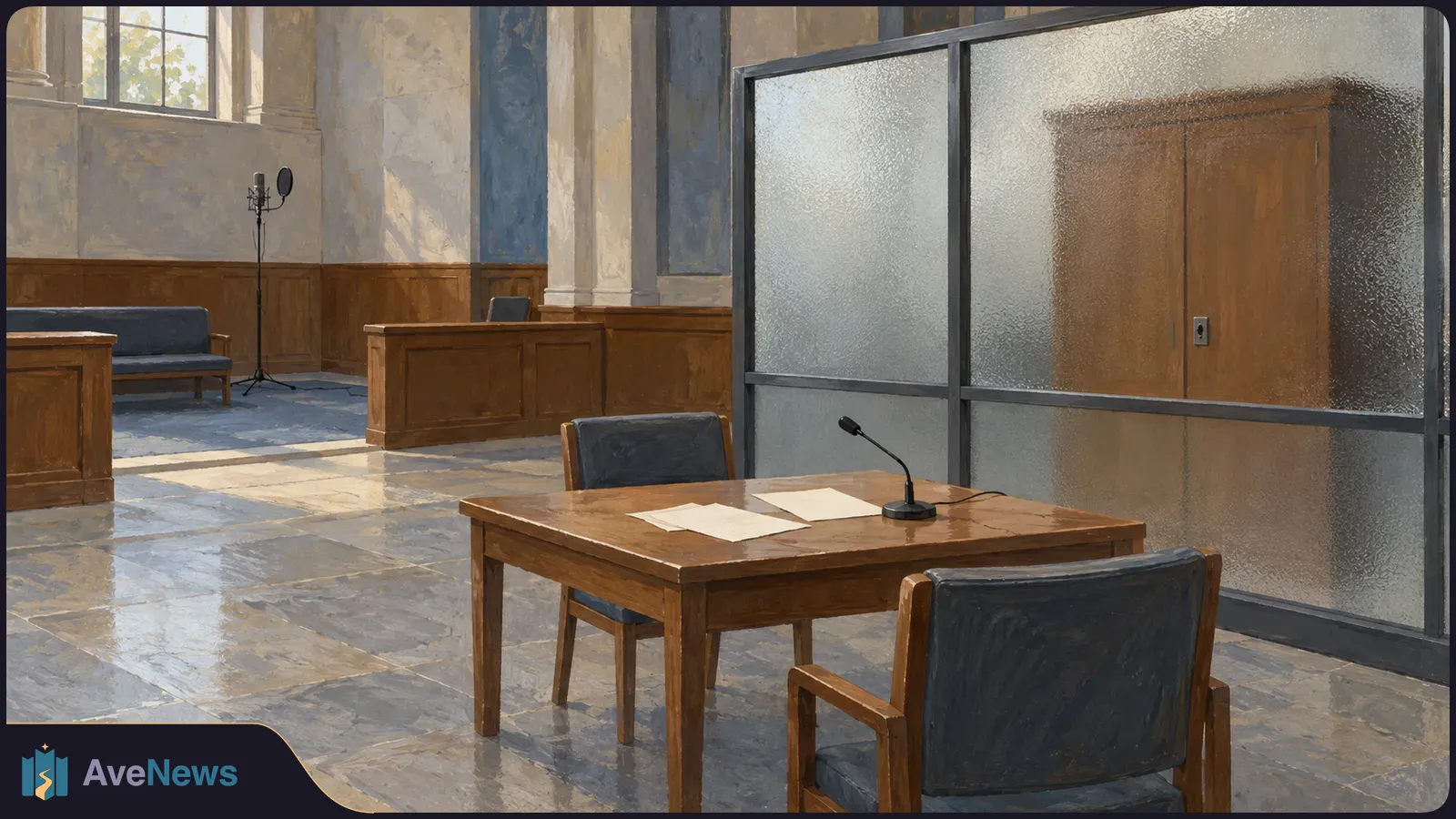 Painted empty hearing room with a wooden table, two chairs, microphones, blank papers and a frosted-glass partition. SI illustration
