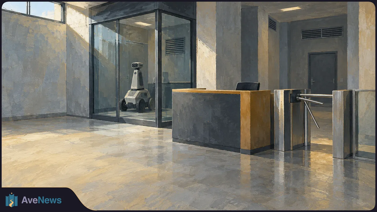 Painterly illustration of a small wheeled robot behind glass in an empty lobby, beside a reception desk and turnstile. SI illustration