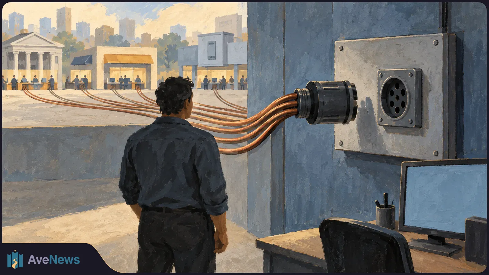 Painterly illustration of a person seen from behind beside thick cables plugged into a wall socket. The cables stretch toward buildings with service counters; a blank monitor sits nearby. SI illustration