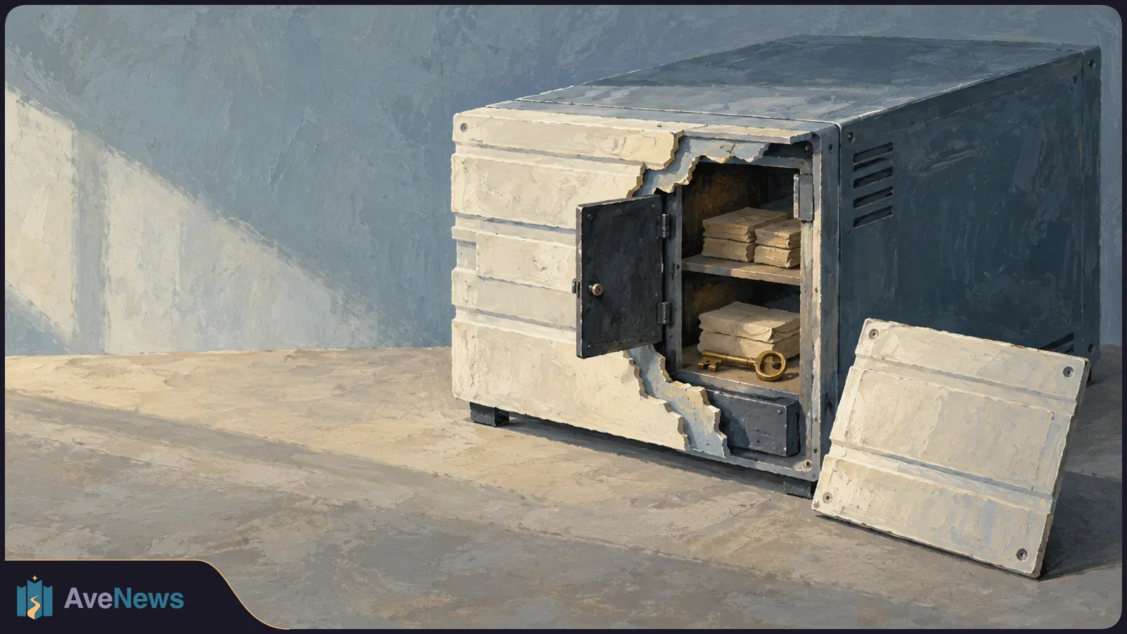 Painterly illustration of a damaged safe with its door open, showing stacks of papers and a gold key inside. A detached panel leans against it. SI illustration