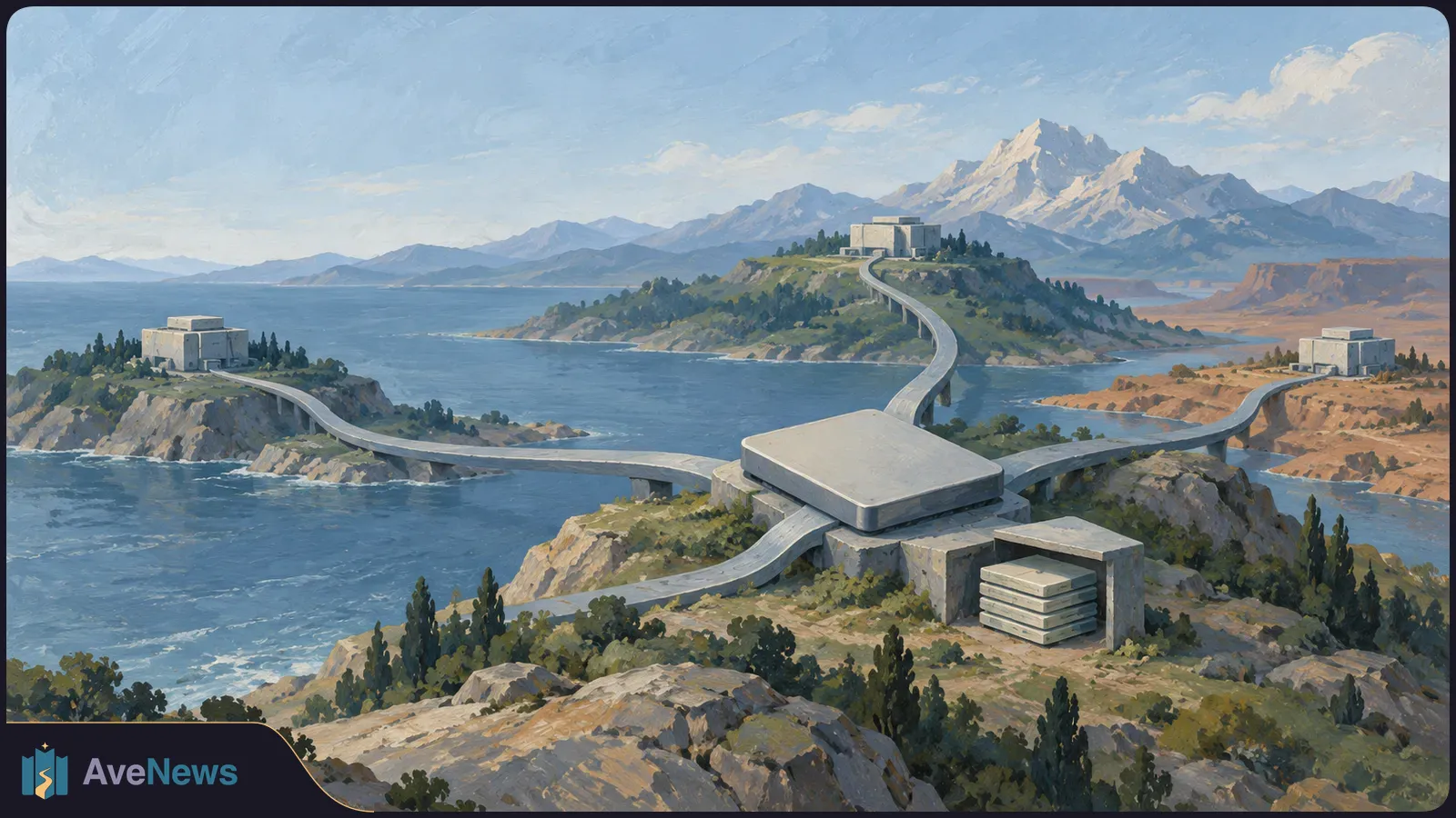 Painted coastal landscape with a central concrete hub, elevated routes leading to three distant buildings, mountains beyond, and stacked slabs in the foreground. SI illustration