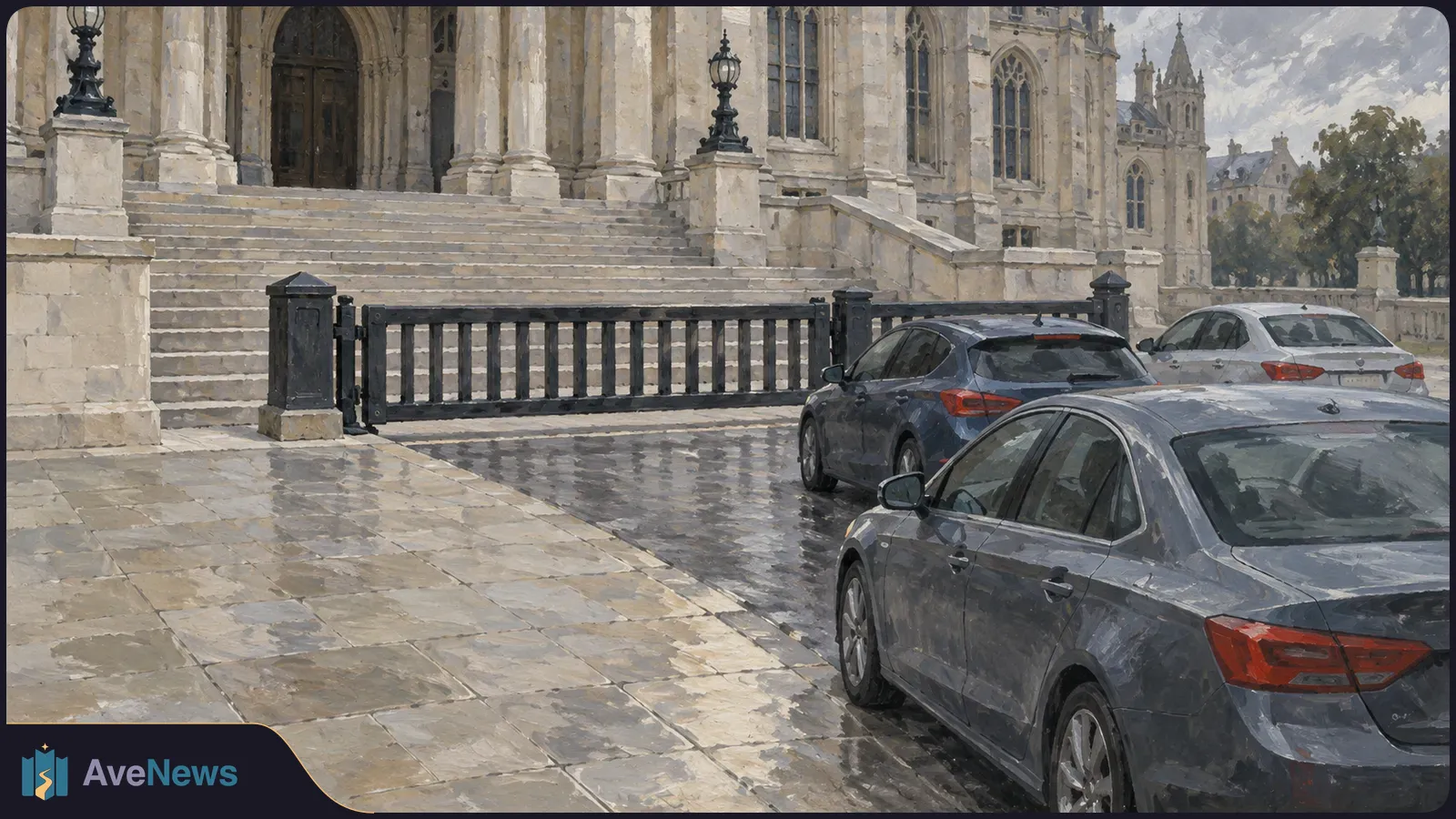 Three cars stand on wet paving before a closed black gate and the broad steps of a grand Gothic-style stone building. SI illustration