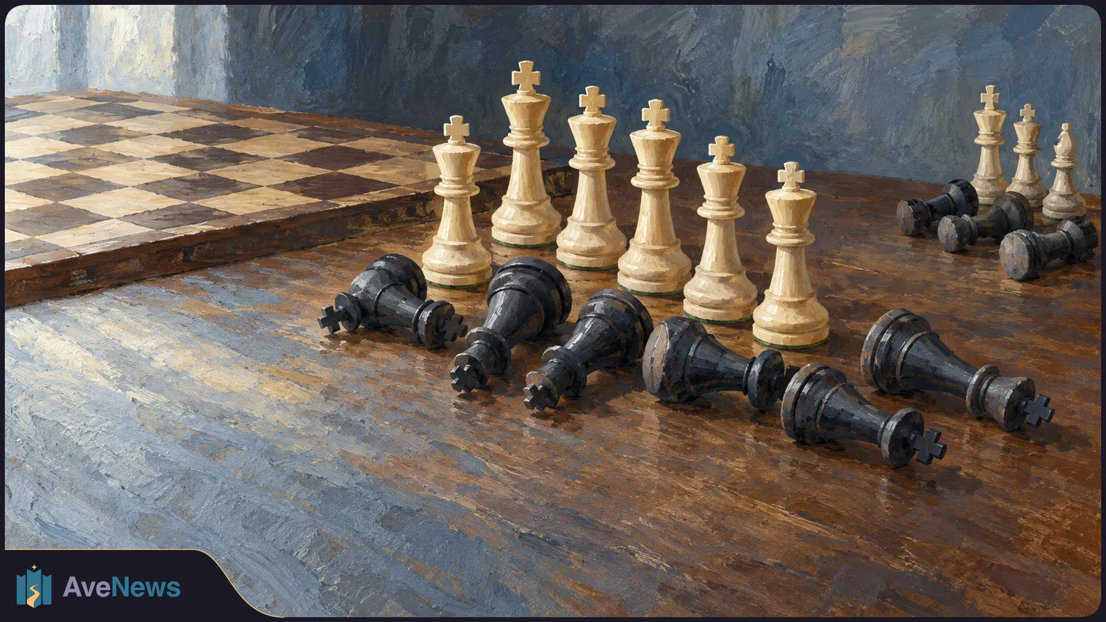 Painterly illustration of a chessboard beside a wooden table, with upright light chess pieces and several dark pieces lying on their sides. SI illustration