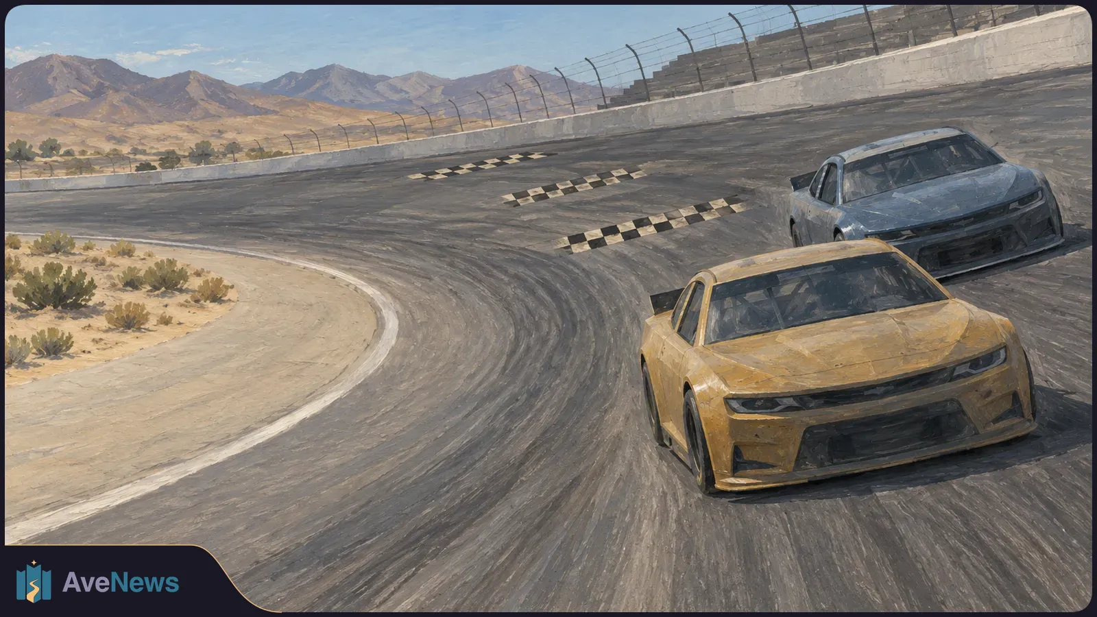 A painted scene of a yellow stock car leading a blue-gray car around a banked desert racetrack, with three checkered markings across the track. SI illustration
