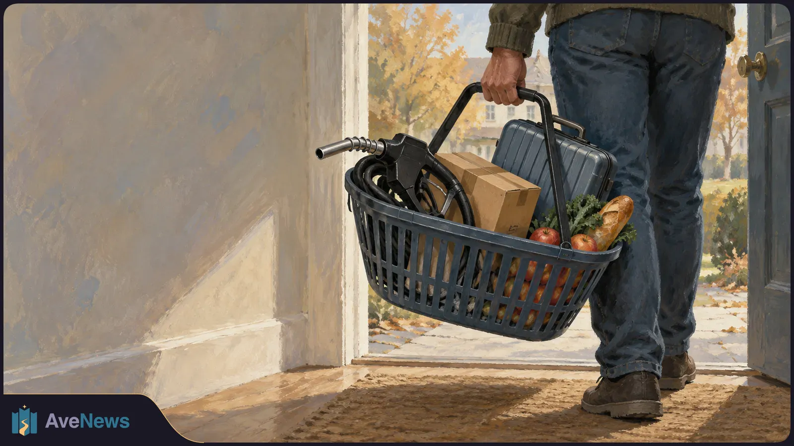 Illustration of a person seen from behind at an open doorway, holding a basket with groceries, a cardboard box, a suitcase and a fuel pump nozzle. SI illustration