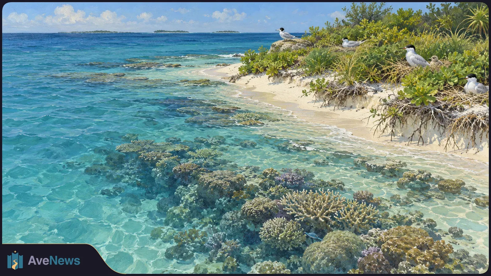 Painted atoll shoreline with seabirds among coastal plants and coral visible beneath clear turquoise water. SI illustration