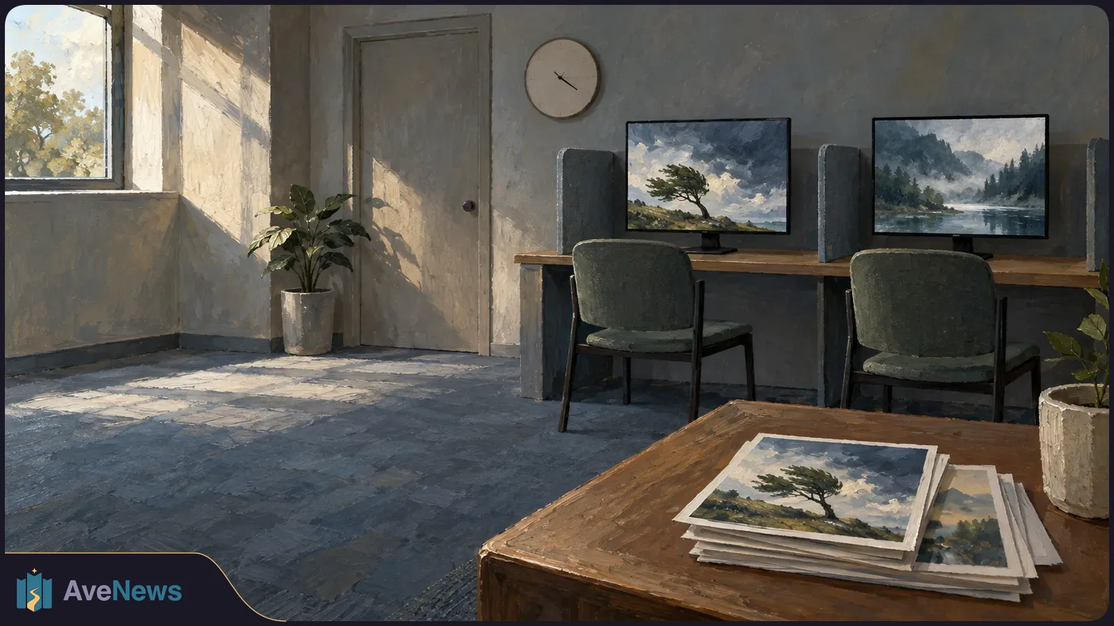 Painted room with two chairs facing screens of landscapes and a stack of landscape prints on a table in the foreground. SI illustration