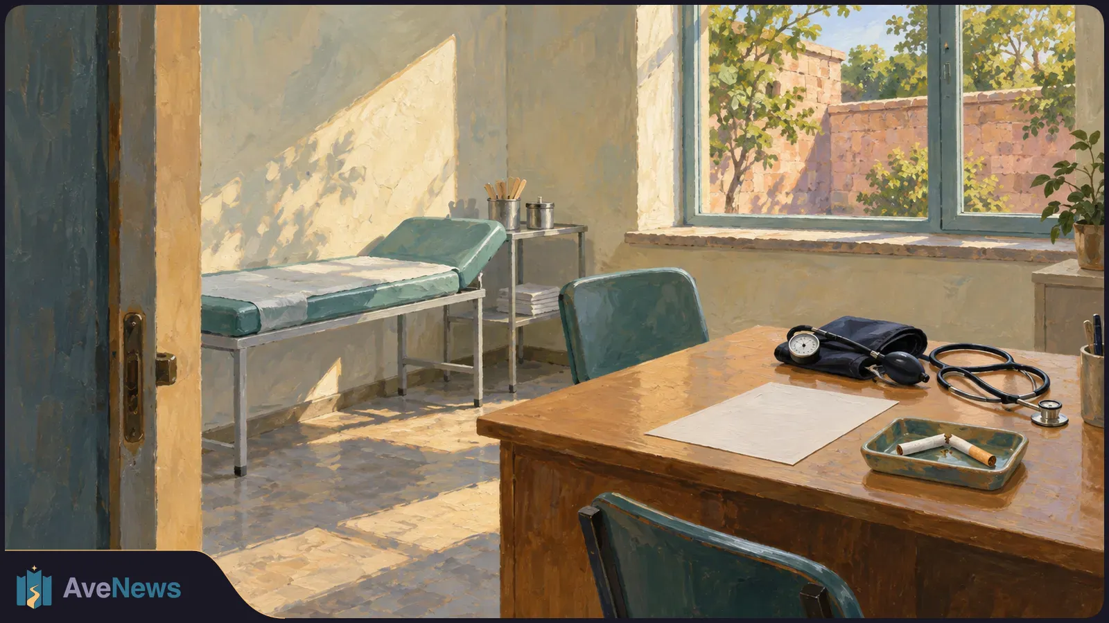 Painted sunlit exam room with an examination table and a desk holding a blood-pressure cuff, stethoscope, blank paper, and an ashtray with cigarette butts. SI illustration