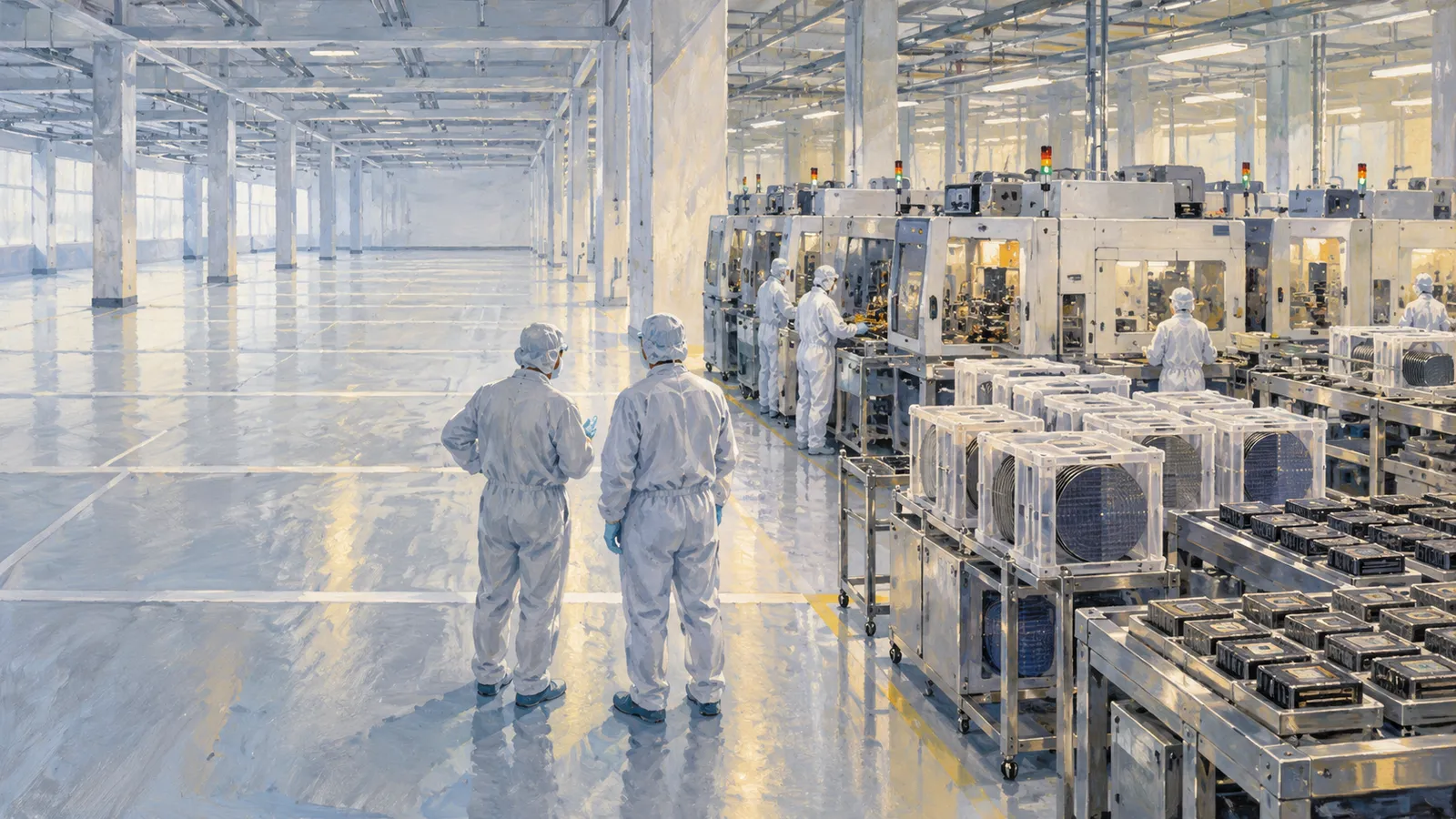Illustration of workers in white protective suits beside machinery and racks of circular discs in a bright factory, with a large empty floor area on the left. SI illustration