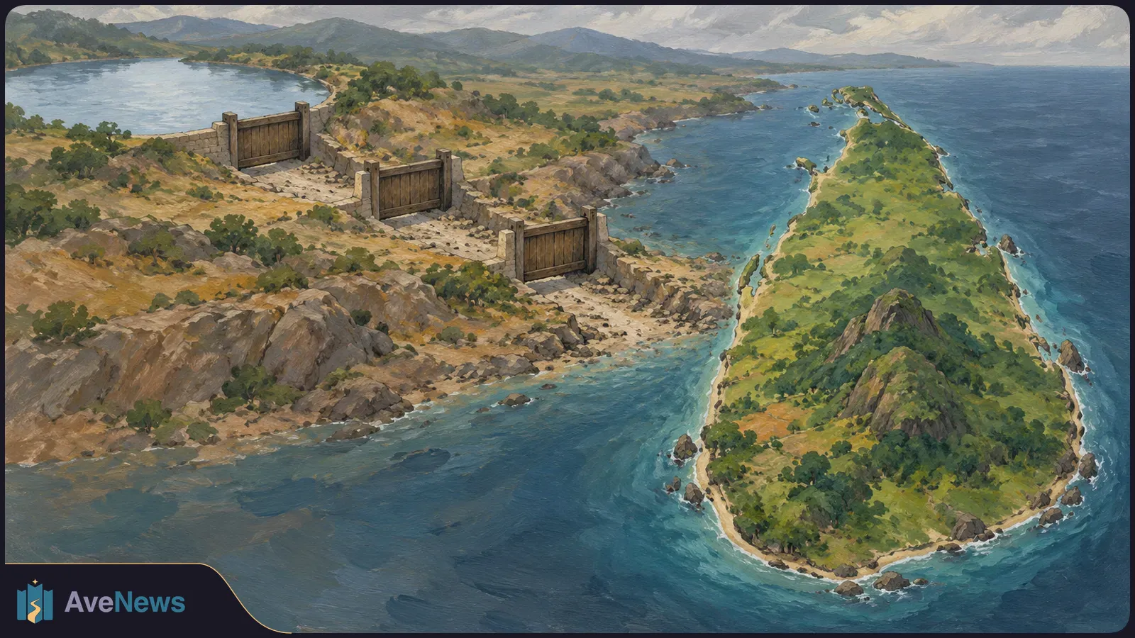 Painted coastal landscape with three wooden gates set in a stone wall, a rocky shore, a green peninsula, blue water and distant mountains. SI illustration
