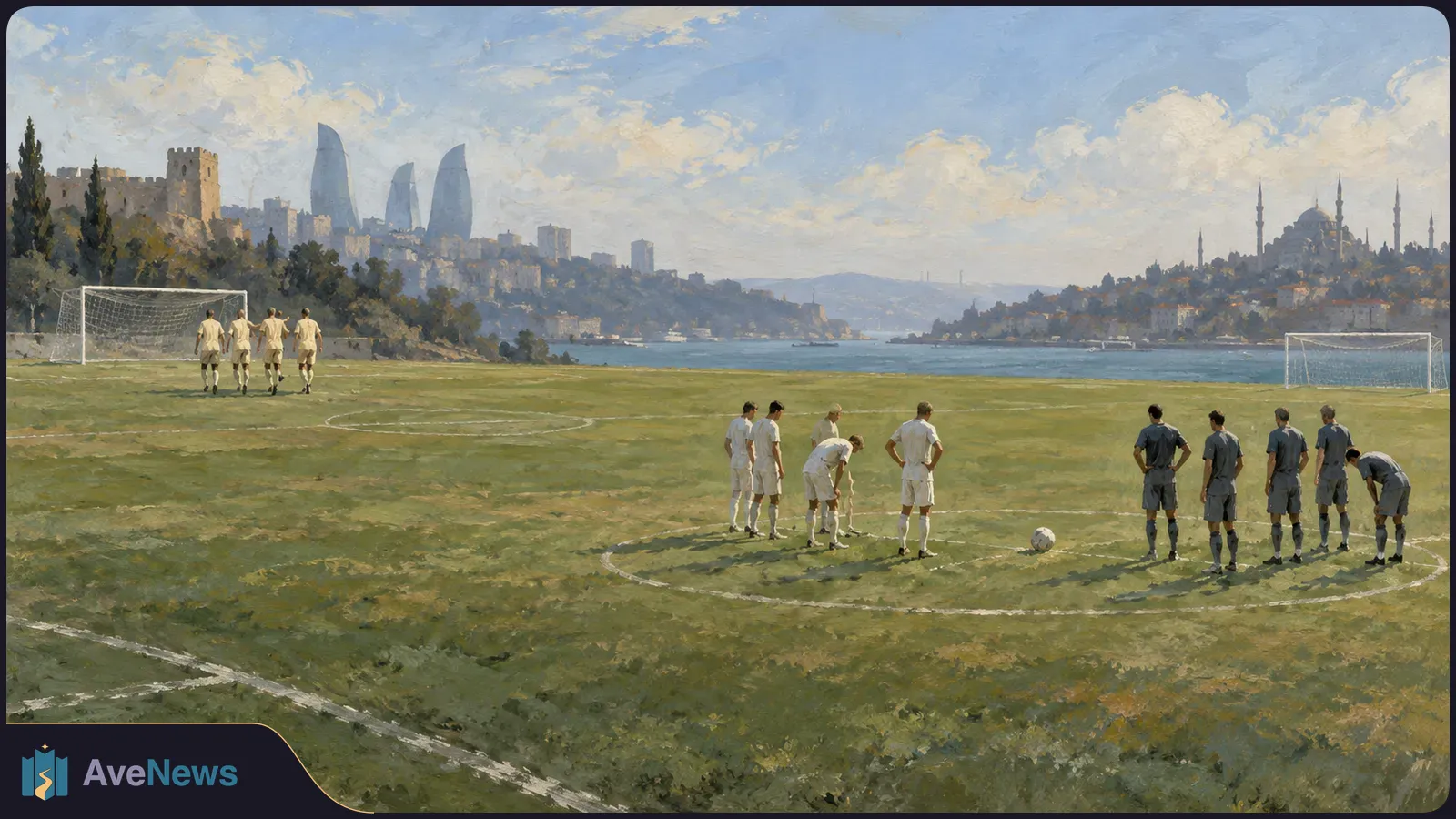 Painted soccer field beside a waterfront city, with players in white and gray kits gathered near a ball at midfield and goals at either end. SI illustration