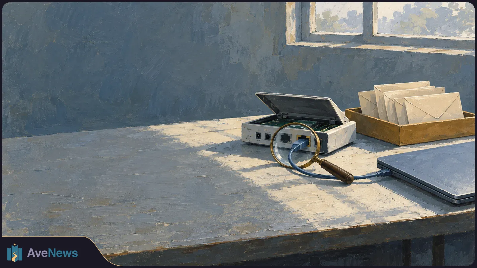 Painted scene of an open network device connected to a closed laptop, with a magnifying glass over its ports and a tray of envelopes beside it. SI illustration