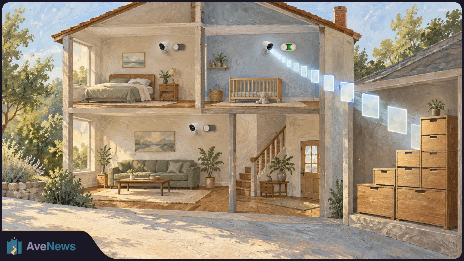 Painted cutaway of a house with cameras in three rooms. Glowing image tiles stream from an upstairs room toward stacked wooden drawers. SI illustration