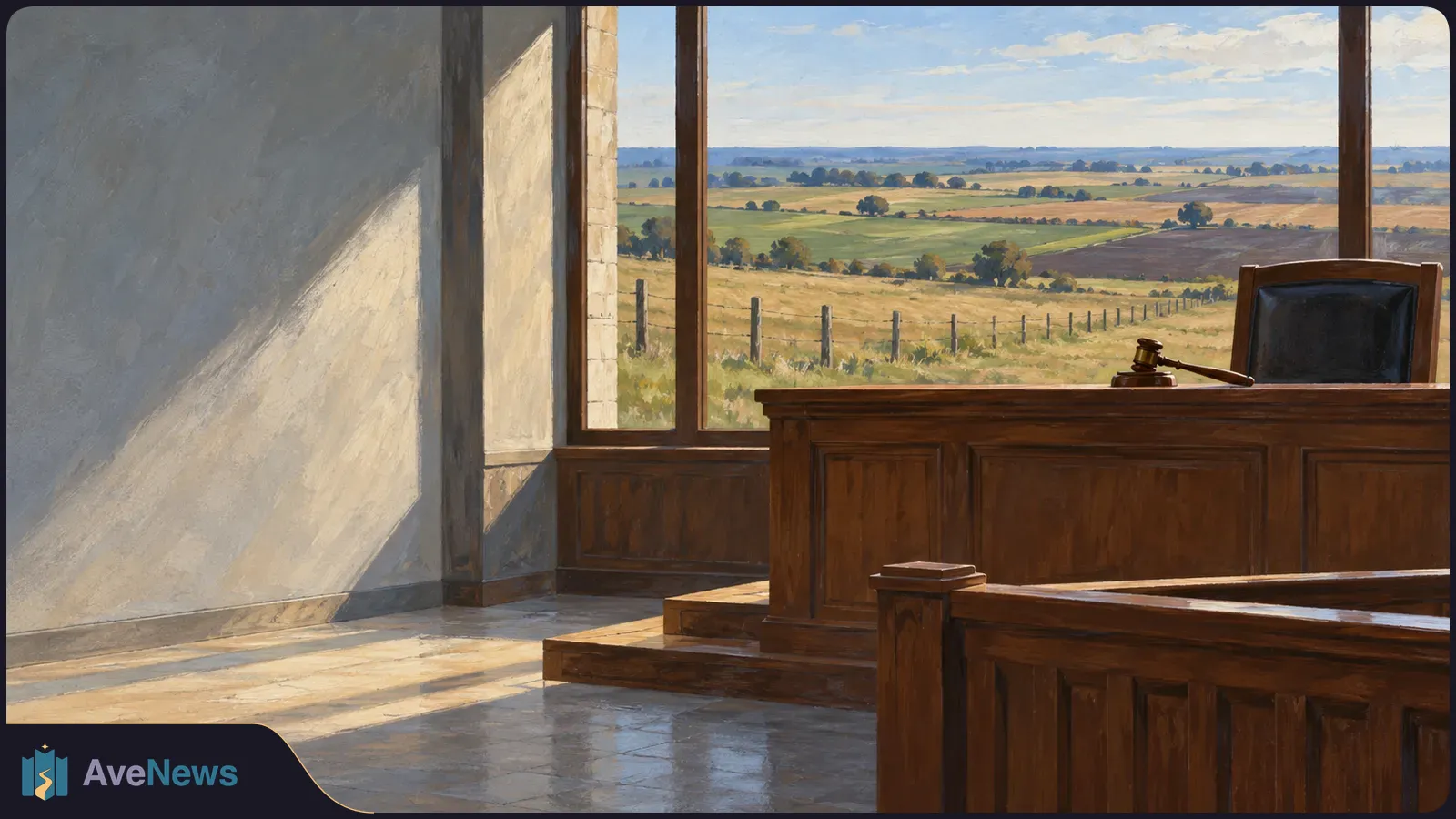 Painted, sunlit courtroom with an empty judge’s bench and gavel; fenced rural fields stretch beyond the windows. SI illustration