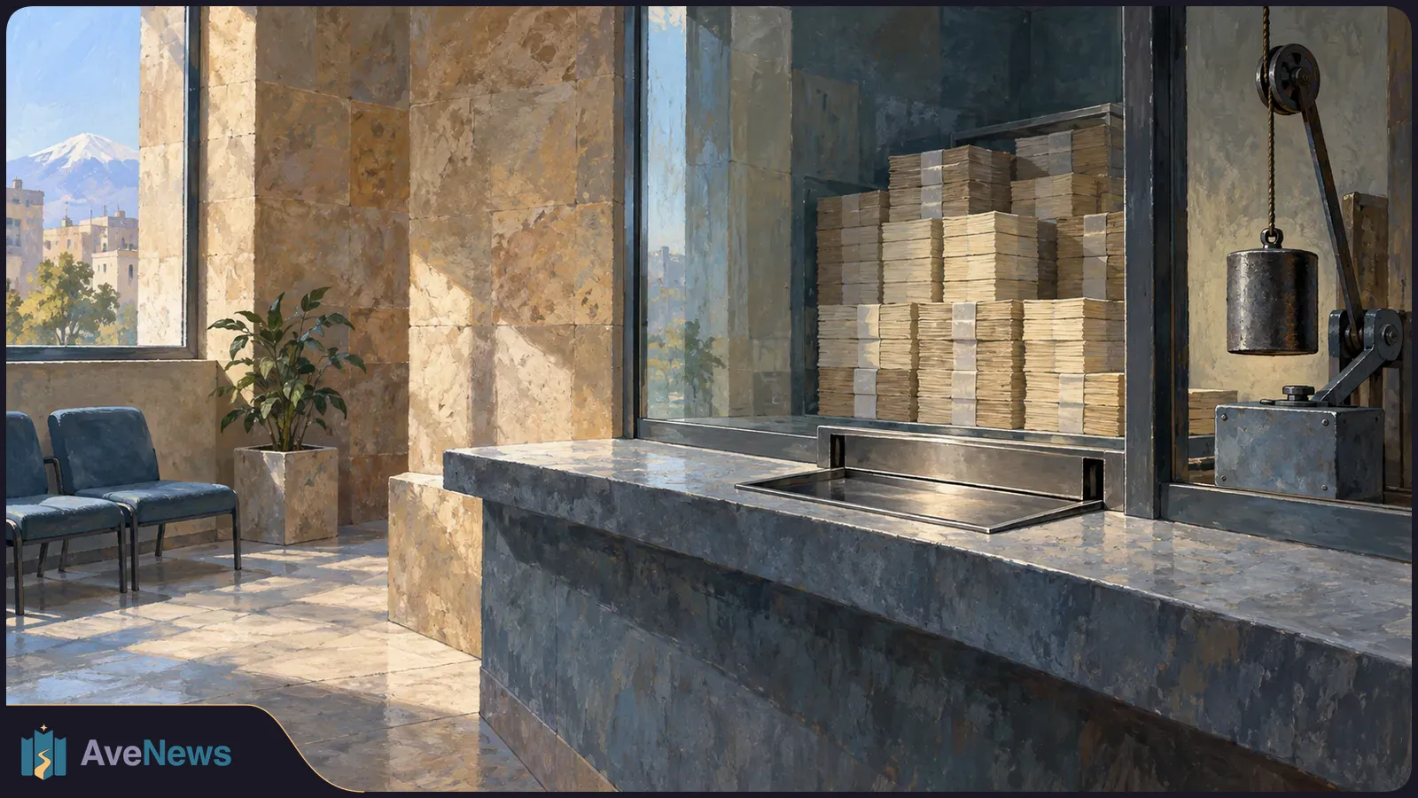Painted bank-like interior with stacks of pale paper behind a glass counter, blue chairs, a hanging metal weight, and a mountain visible through a window. SI illustration