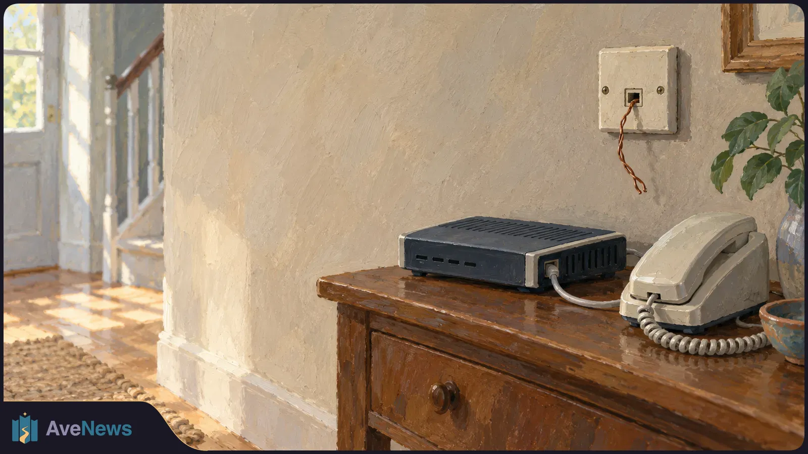 Painterly interior with a corded landline phone and broadband router on a wooden cabinet, and loose copper wires hanging from a wall socket above. SI illustration