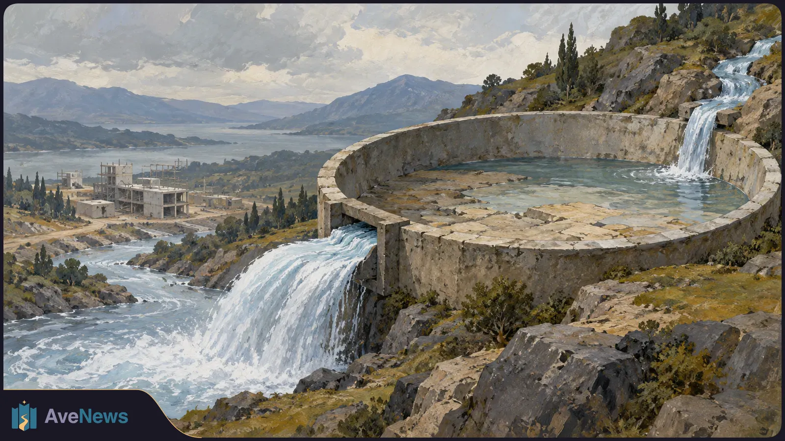 Painted landscape with water flowing into and out of a circular stone basin above a river; unfinished concrete buildings, a lake and mountains lie in the distance. SI illustration