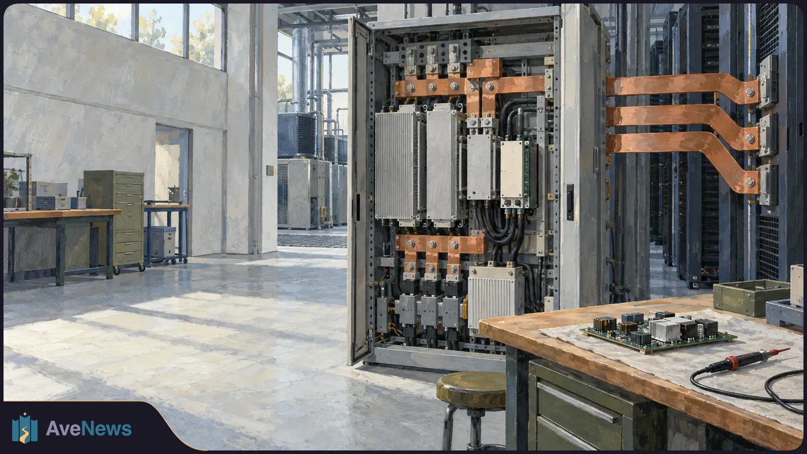 Painted view of an open electrical cabinet with copper busbars beside rows of server racks. A circuit board and test probe sit on a workbench. SI illustration