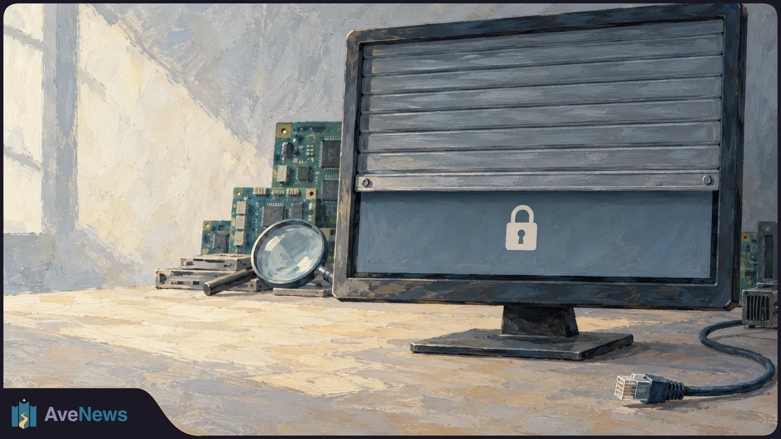 Painted illustration of a monitor with a lowered shutter and closed padlock symbol, beside circuit boards, a magnifying glass and an unplugged cable. SI illustration