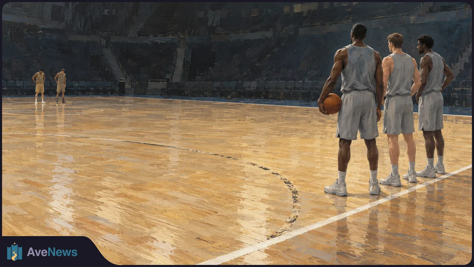 Illustration of five basketball players on a polished indoor court: three in gray uniforms at right, one holding a ball, and two in yellow across the court. SI illustration