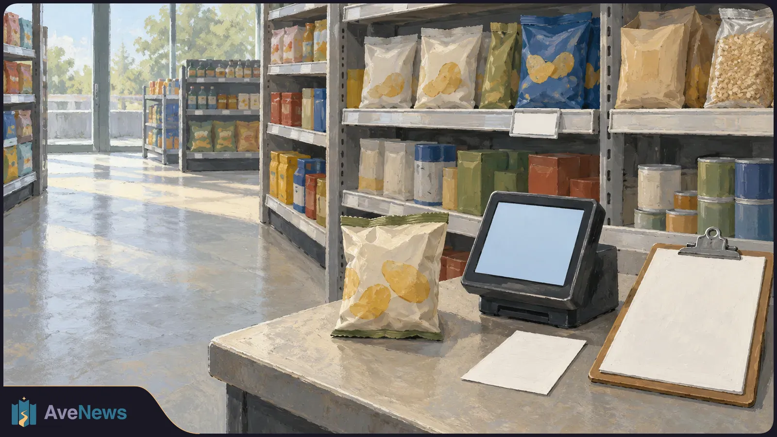 Painted convenience-store aisle with snack bags on shelves and a checkout counter holding a snack bag, a blank register screen, paper and a clipboard. SI illustration