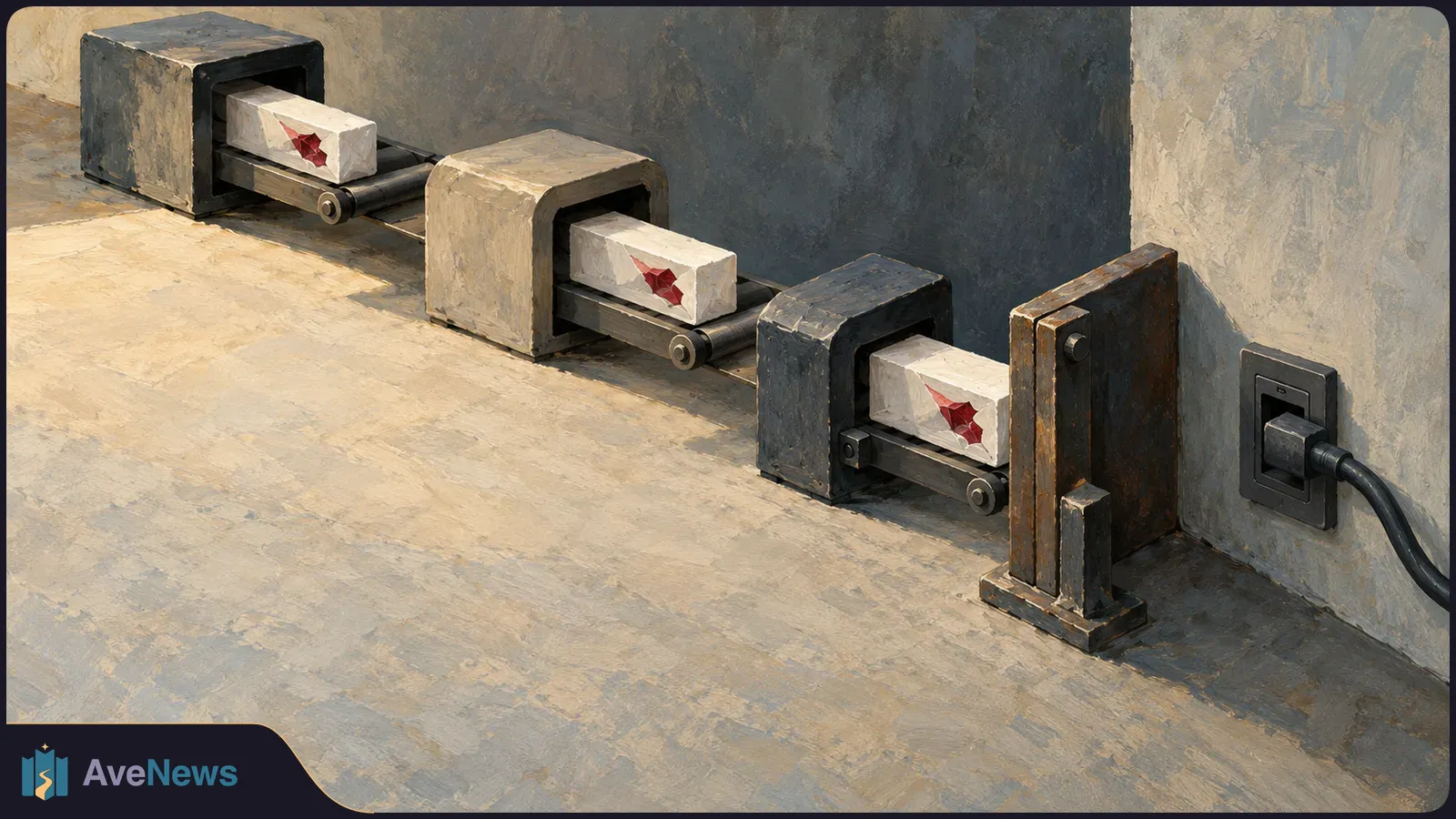 Three white parcels with red patches pass through a row of boxlike stations on short conveyors. A black cable plugs into the wall at right. SI illustration