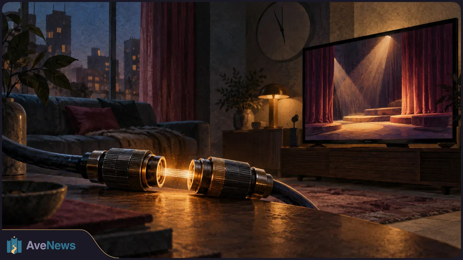 Two cable connectors face each other across a glowing gap in a dim living room. A TV shows an empty curtained stage beneath a wall clock. SI illustration