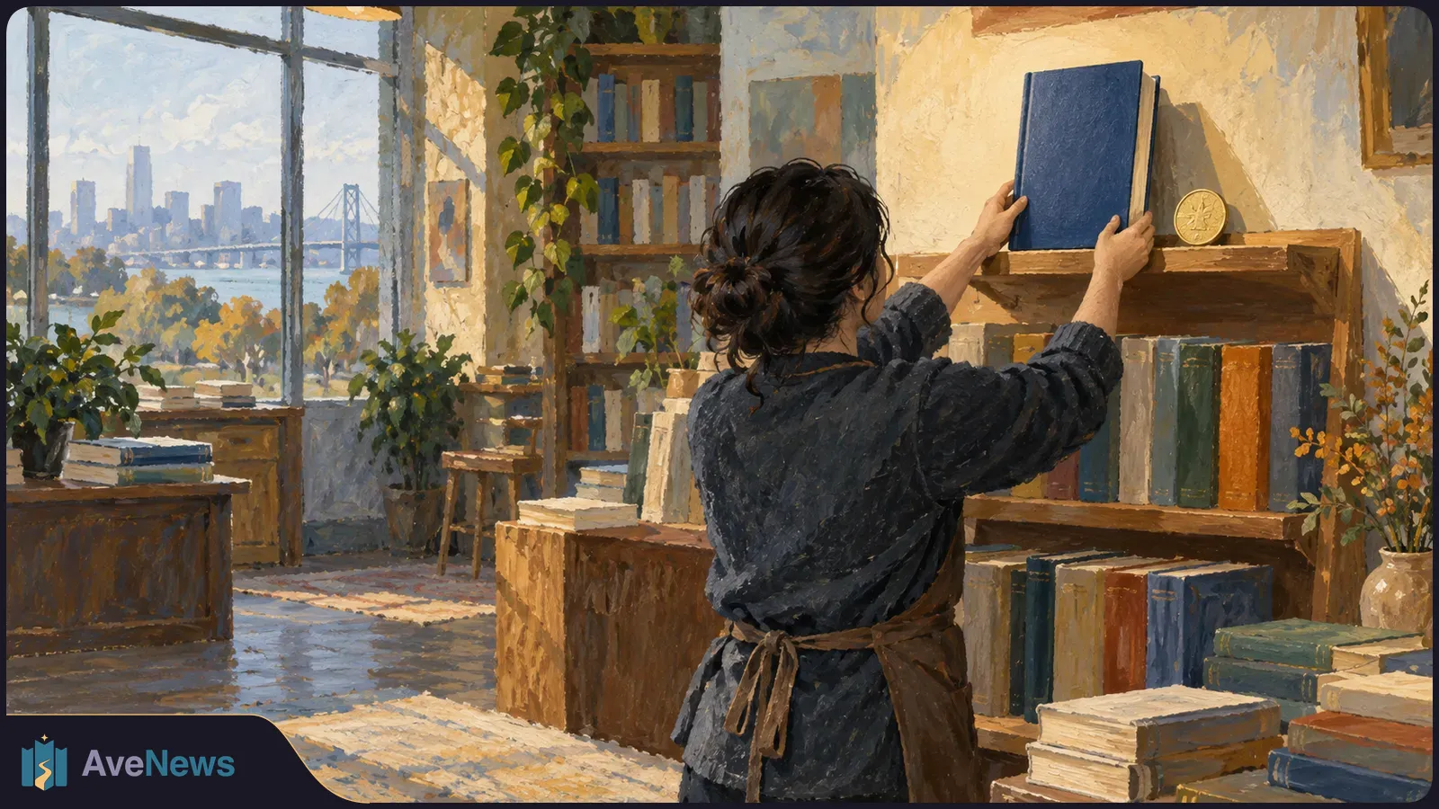 A painted scene of a person placing a blue book on a shelf in a sunlit bookshop, with more books, plants and a city view through the window. SI illustration