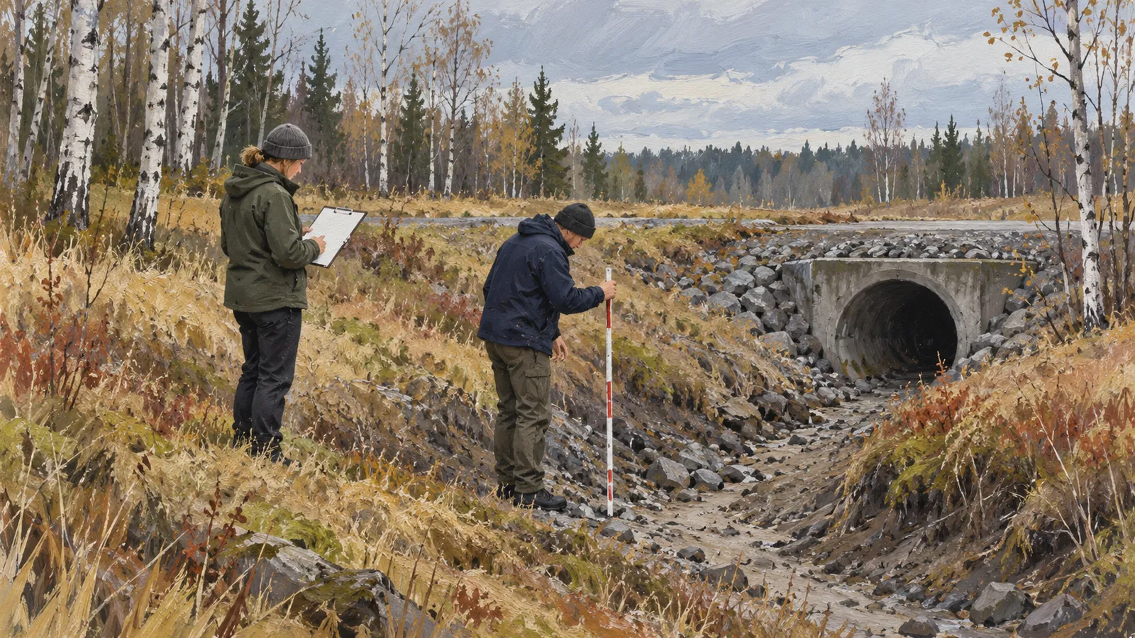 In a painterly autumn landscape, one person writes on a clipboard while another holds a measuring rod in a rocky ditch near a concrete culvert. SI illustration