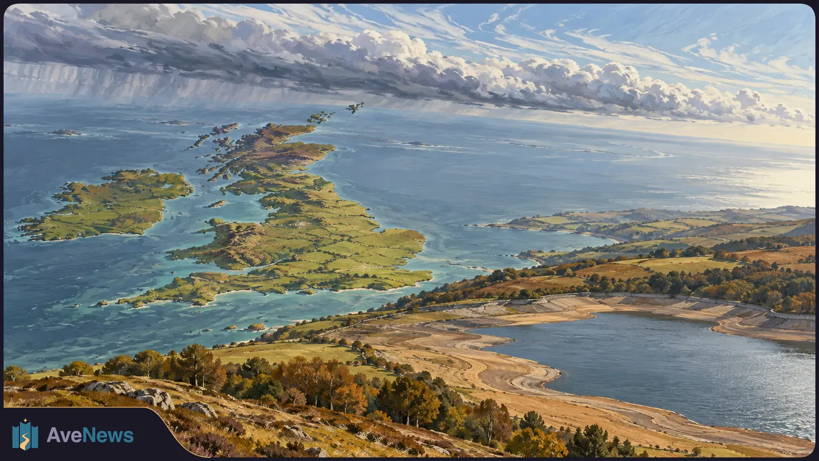 Painted aerial view of green islands and exposed sandy banks beside blue water, beneath a long band of dark clouds with rain in the distance. SI illustration