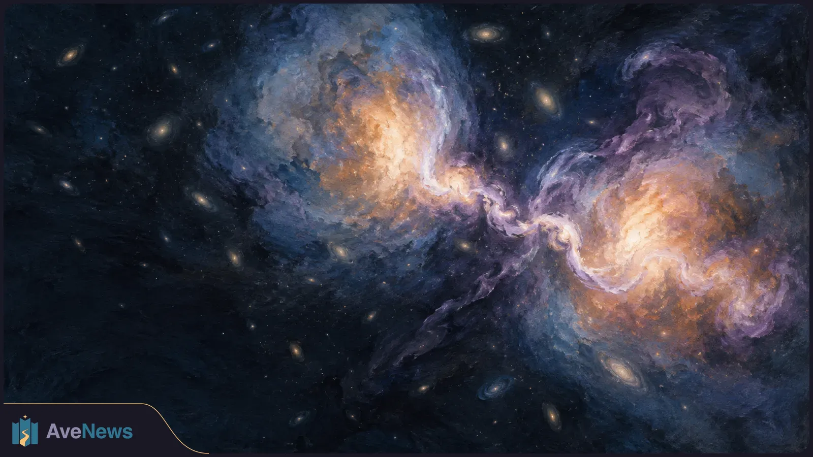 Painted space scene with two large, glowing blue and violet galaxy clusters linked by a bright, twisting band, surrounded by smaller galaxies. SI illustration