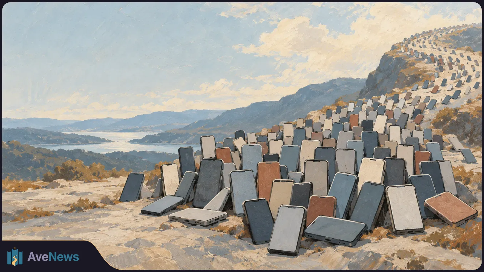 Painterly landscape with rows of blank smartphones standing across a rocky hillside, beside a lake and distant mountains under a cloudy sky. SI illustration