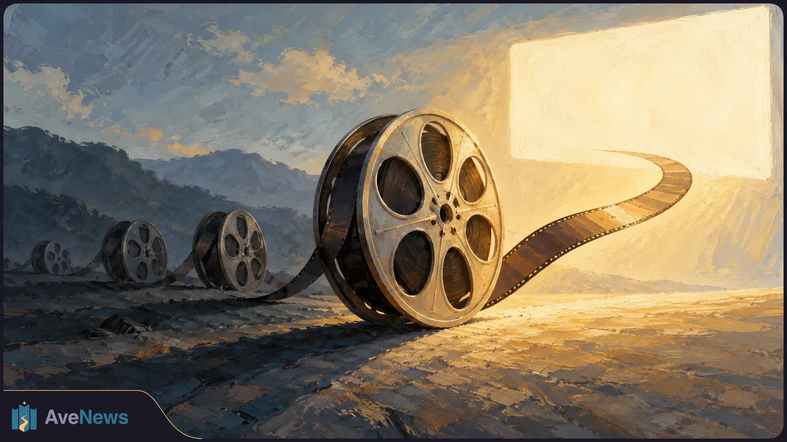 Painterly illustration of three film reels on rocky ground, with a strip of film winding toward a glowing blank screen against a mountain backdrop. SI illustration